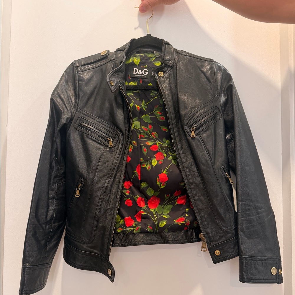 Dolce & Gabbana Black Leather Jacket with Floral Lining